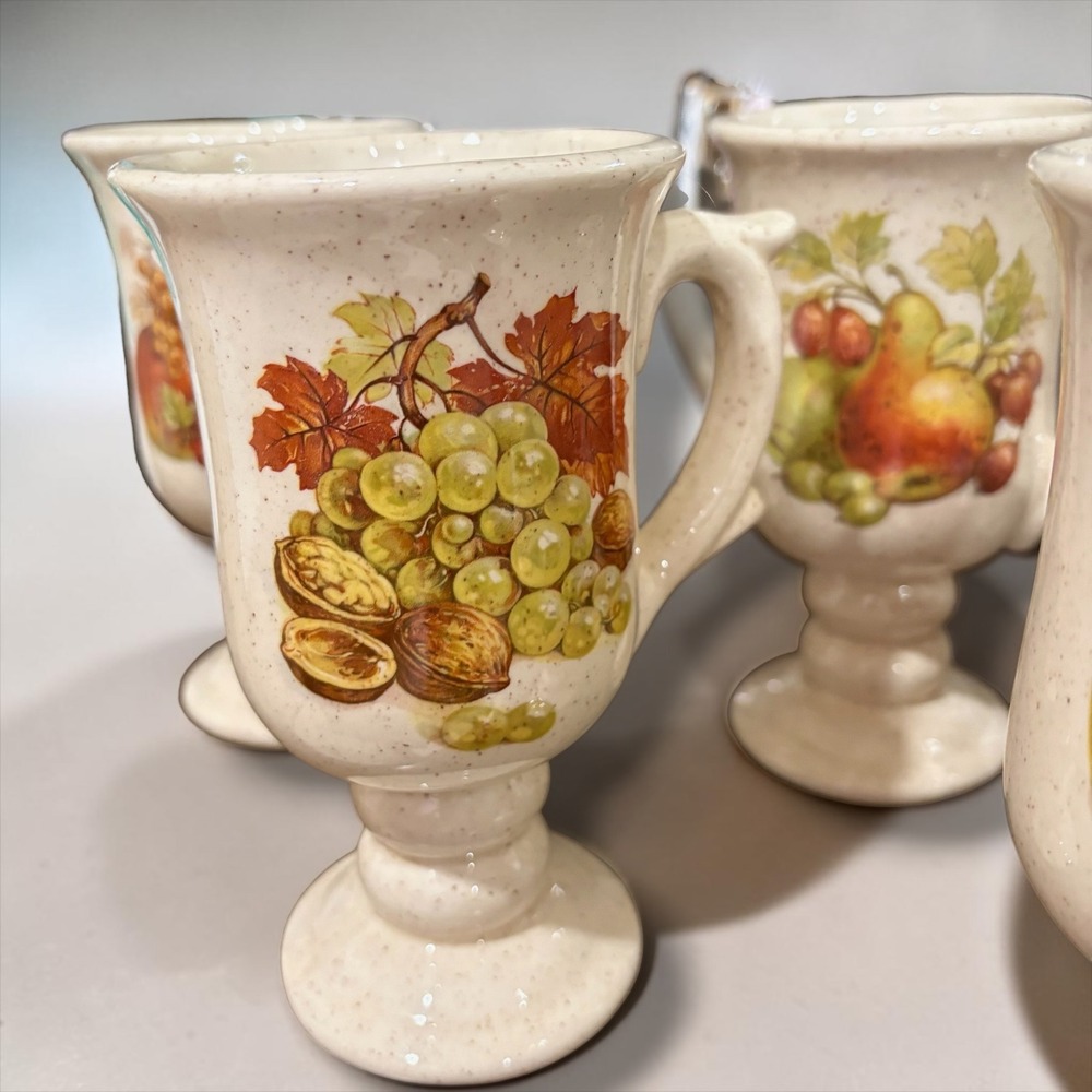 Vintage McCoy Speckled Stoneware Fruit Harvest Footed Pedestal Mugs Set of 6 - Picture 3 of 13